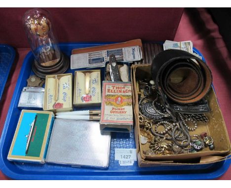 Thomas Ellin Stag Handled Pocket Knife, with box Mosda lighter, tie clips, cigarette case, costume jewellery, etc:- One Tray.