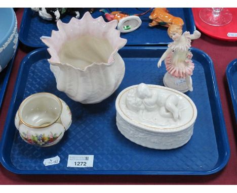 Enz Volkstadt German Figure Formed as a Young Girl, Beleek vase and cherub trinket dish and a small Royal Worcester vase.