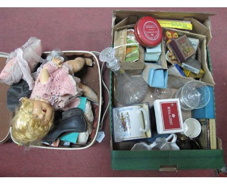 Composition Doll, costume dolls, shoes, playing cards, beermats, games, ceramics, etc, in case and box.