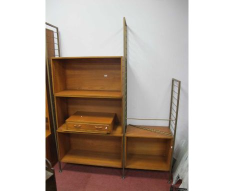 Teak Ladderax Style Display Unit, with two 89cm wide open shelves. 59cm wide example and drawer, glazed doors and metal conne