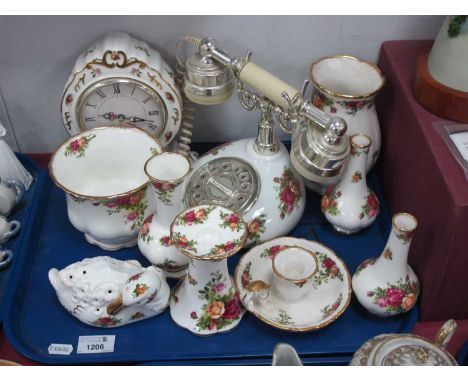 Royal Albert 'Old Country Roses', telephone, clock, vases, candlestick, bird, etc (10), all first quality:- One Tray.