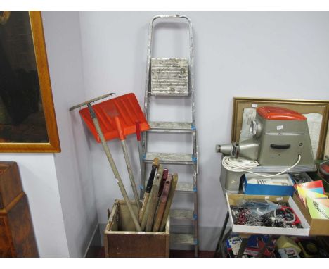 Garden Tools, including Spear &amp; Jackson spade and fork, snow shovel, folding steps.