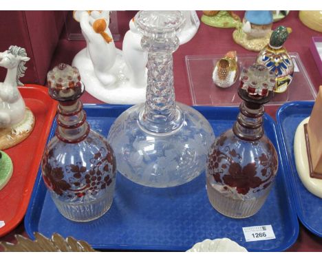 Pair of XIX Century Mallet Decanters with Ruby Ring Necks, vine leaves to body, compete with stoppers. XIX Century clear exam