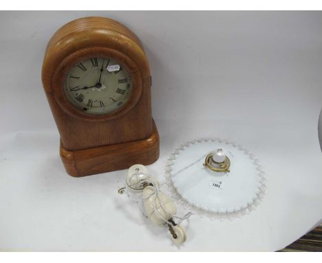 A XIX Century American Eight-Day Mantel Clock; together with a rise and fall glass ceiling light. (2)