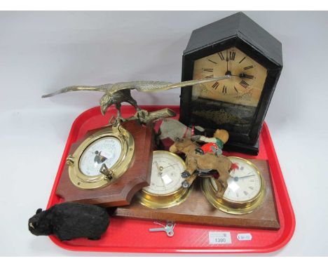 Mantle Clock in Ebonized Case. Three clockwork toy animals, brass eagle, barometers:- One Tray.