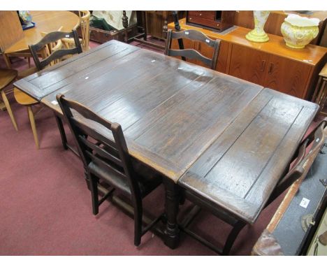 Oak Draw Leaf Table, on turned and block supports. Set of four oak ladder back chairs (some woodworm) on turned and block sup
