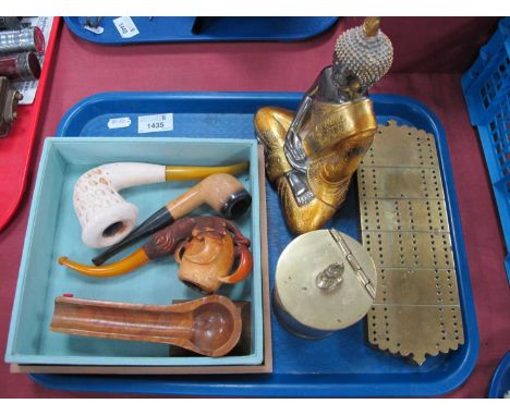 Meerschum Pipewith a Carved Claw Around the Bowl, other pipes, pipe stand, brass crib board, brass lidded jar:- One Tray.