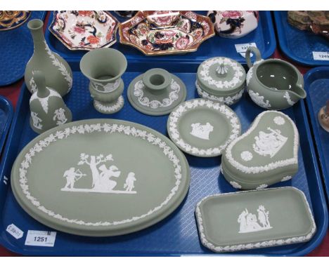 Wedgwood Jasper Ware in Green, including oval tray 15cm wide, bell, jug, heart shaped trinket box (10):- One Tray.