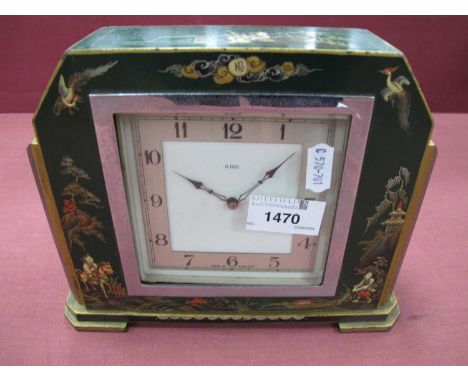 1920s 8 Day Mantle Clock in green chinoiserie case, canted corners to top, chrome dial surround and back, 22cm wide.Clock win