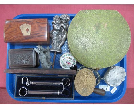 Playing Cards in Wooden Box, manicure set, white metal figural mascot, spring scales, etc:- One Tray.