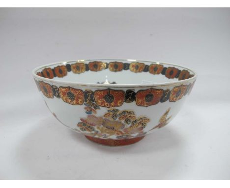 Oriental, ceramic bowl decorated with motifs to rim, birds and foliage to body, highlighted in gilt, 25.5cm diameter.