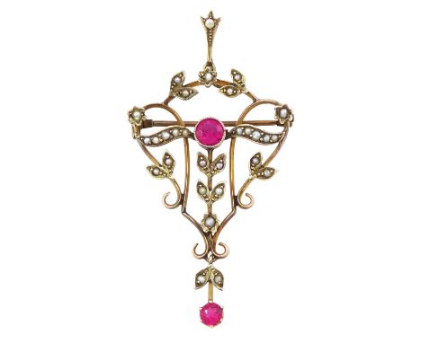 Edwardian 9ct rose gold synthetic ruby and seed pearl pendant / broochCondition Report:Approx 6.25gm, length = 60mm, tested 9