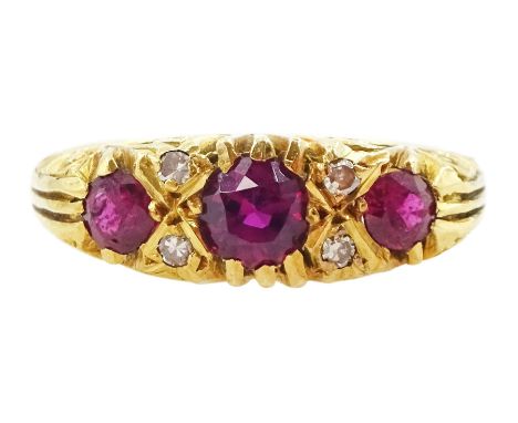 18ct gold three stone ruby and four stone single cut diamond ring, Birmingham 1966Condition Report:Approx 5.35gm, size K-L, m