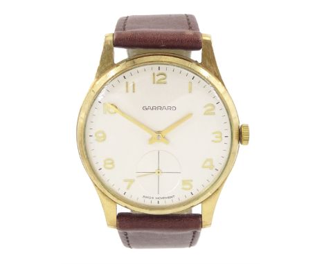 Garrard gentleman's 9ct gold manual wind wristwatch, silvered dial with Arabic numerals and subsidiary seconds dial, London 1