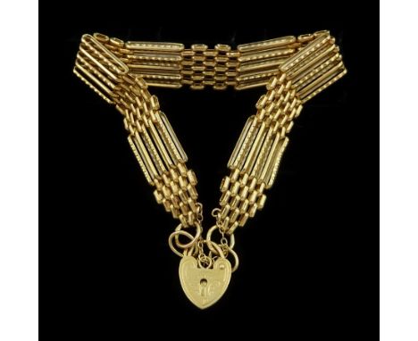 9ct gold five bar polished and textured gate bracelet, with heart locket clasp, hallmarkedCondition Report:Approx 11.55gm, le
