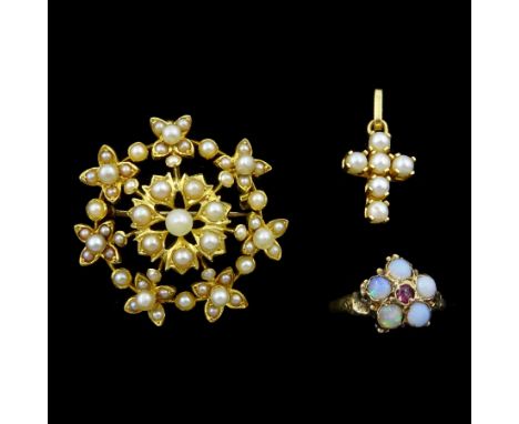 Edwardian 15ct gold pearl pendant / brooch, Victorian 12ct gold opal and garnet cluster ring and a later 18ct gold cross pend