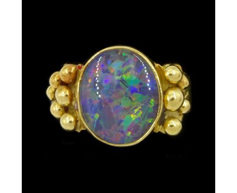 18ct gold opal triplet abstract ring, makers mark JKC, probably Jacob Kramer College, Sheffield 1973Condition Report:Approx 5