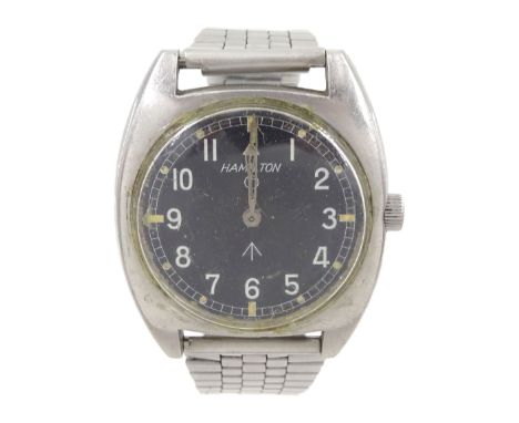 Hamilton military stainless steel wristwatch, back case No. 523-8290 W10-6645-99 22292/73, on stainless steel braceletConditi