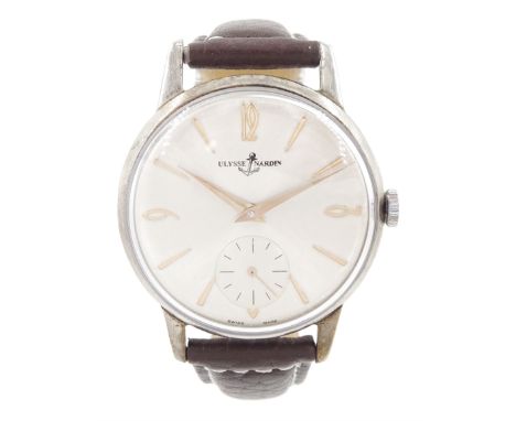Ulysse Nardin gentleman's stainless steel manual wind wristwatch, silvered dial with baton hour markers, Arabic quarters and 