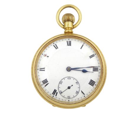 Early 20th century 18ct gold open face keyless lever pocket watch, white enamel dial with Roman numerals and subsidiary secon