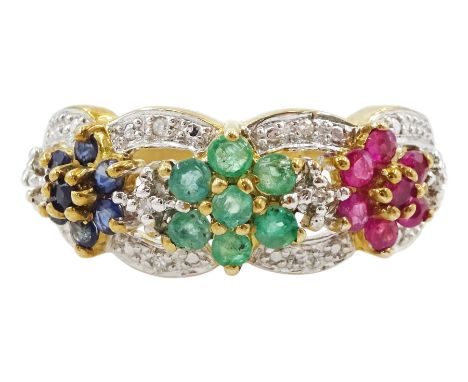 9ct gold multi gemstone set flower head ring, three ruby, sapphire and emerald clusters, with diamond set surround, hallmarke