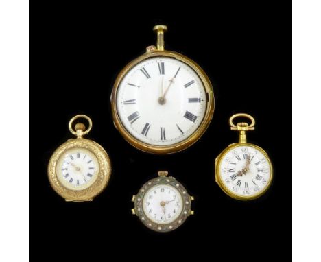Collection of pocket and fob watches including gilt open face fusee lever pair cased by Grant, Fleet Street, London, silver c