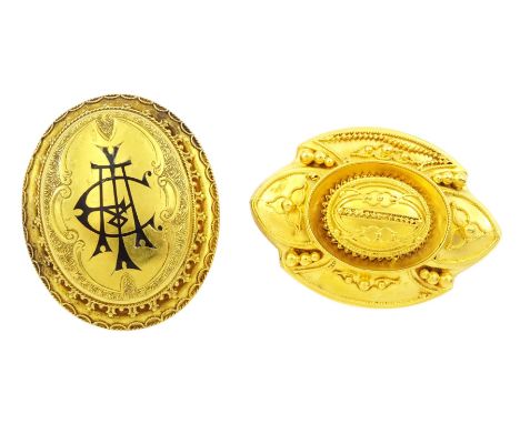 Victorian gold hinged locket brooch, the monogrammed black enamel front revealing hairwork glazed locket and an Victorian 18c