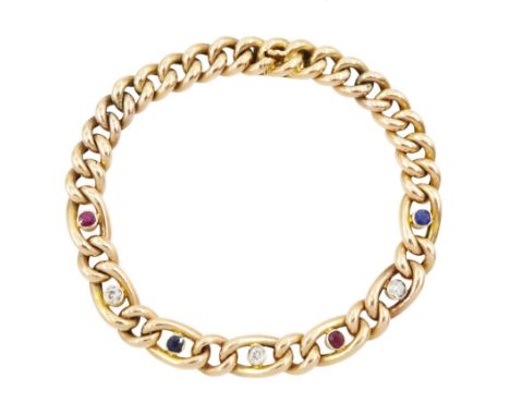 Early 20th century 15ct rose gold diamond, sapphire and ruby curb link bracelet, stamped 15Condition Report:Approx 18.7gm, le