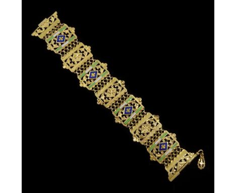 17ct gold enamel open work braceletCondition Report:Approx 23.15gm, tested 17ct, length = 17cm, max depth = 3cm, a couple of 