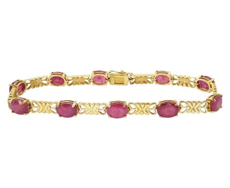 9ct gold oval cut ruby bracelet, stamped 375, total ruby weight approx 16.90 caratCondition Report:Approx 12.7gm, length = 20