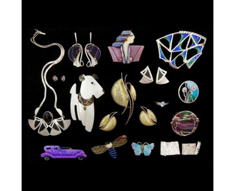 Four Lea Stein brooches including Joan Crawford, car, dog and insect and silver jewellery including enamel brooches, glass in