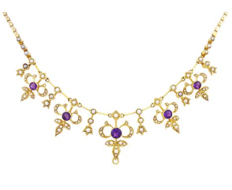 Edwardian 15ct gold amethyst and split pearl necklaceCondition Report:Approx 19.1gm, length = 40cm, max pendant length = 2.5c