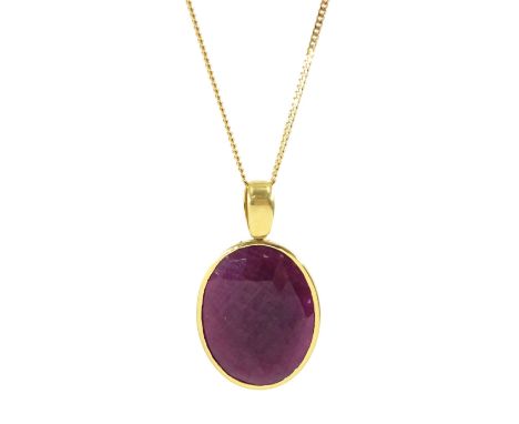 18ct gold oval cut unheated ruby pendant necklace, hallmarked, ruby approx 24.05 caratCondition Report:Approx 11.7gm, pendant
