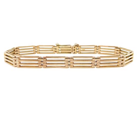 Gold four bar gate bracelet, stamped 9ctCondition Report:Approx 11.15gm, length = 19cm, depth = 0.65cm, clasp secure