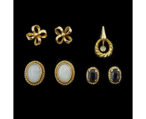 Three pairs of gold stud earrings including opal, sapphire and bow and a gold diamond pendant, all 9ctCondition Report:Approx