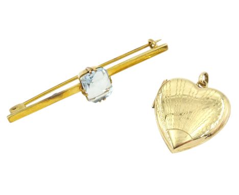 Gold heart locket pendant with engine turned decoration, Chester 1954 and gold single stone aquamarine brooch, both 9ctCondit