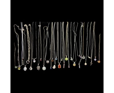Thirty silver stone set pendants and pendant necklaces including black and white diamond, tanzanite, amethyst, quartz topaz, 