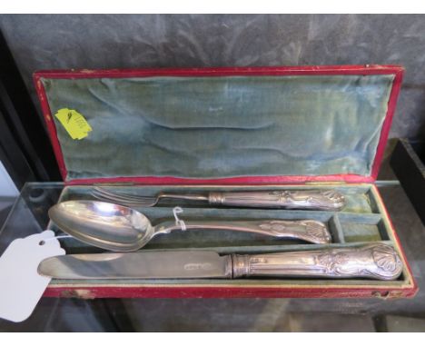 A cased silver knife, fork and spoon of mixed dates 