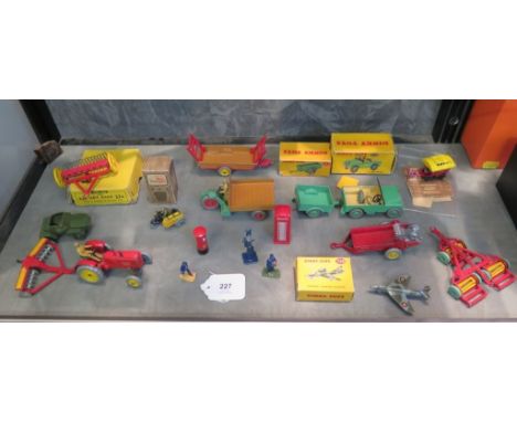 Dinky Toys: Selection of farm vehicles and implements including green 340 Land Rover with 341 Trailer 27 K (324) Hay Rake in 