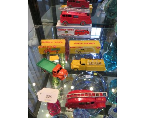 Dinky Toys: 955 Fire Engine, 443 Studebaker National Benzole Tanker, orange and green 414 Dodge Tipper in original boxes and 