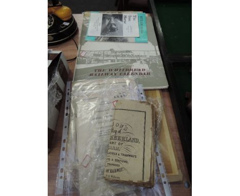 A selection of railway ephemera including Wilson's map of Northumberland, carriage prints, Whitbread 1965 calendar etc