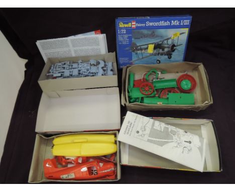 A Kim Toys plastic kit, steam engine, a Scalecraft Electric plastic kit, Seaplane, a Airfix plastic kit 1933 Alfa Romeo and a