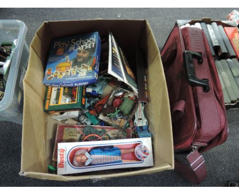 A box of mixed vintage toys and games including Dusty doll, Dinky & similar diecasts, EWS loco drivers bag, etc