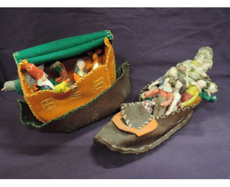 Two hand made cloth toys, Noah's Ark with animals and The Old Woman who Lived in a Shoe Knitting with children