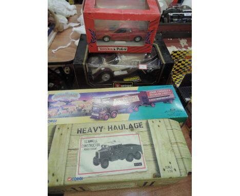 Two Corgi (china) diecasts, Scammell Constructor and AEC Closed pole truck and trailer, a Burago diecast vintage car  and a T