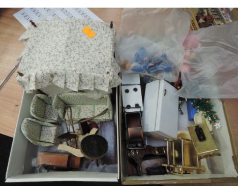 Two small boxes of mixed vintage dolls house furniture and accessories
