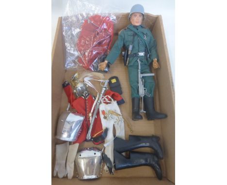 A box of original Action Man to include a figure dressed in a 2nd series German uniform with Iron Cross medal figure in overa