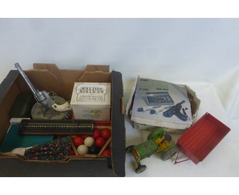 A box of assorted toys to include Mettoy and Adman Grandstand TV game.