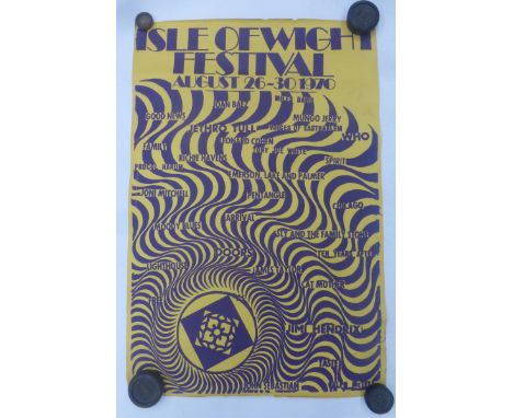 An Isle of Wight Festival 1970 pop music poster featuring bands such as Leonard Cohen, WHO, Jimi Hendrix etc. 