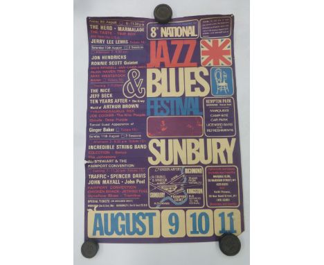 An 8th National Jazz & Blues Festival, Sunbury, Kempton Park pop music poster, featuring bands such as Deep Purple, Ginger Ba